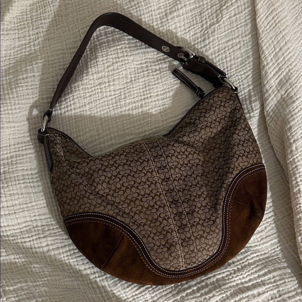 Coach Signature Hobo Bag with Brown Suede Trim